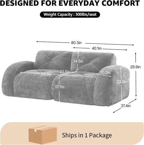 Vista 2 de Sillón de Dos Plazas Seccional Negro para Sala de Estar, Sofá Sin Estructura de Tela de Terciopelo en una Caja, Sin Ensamblaje Requerido Sofá