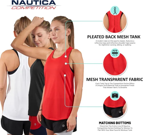 Vista 2 de Nautica Paquete de 3 camisetas sin mangas de entrenamiento para mujer, atléticas activas, gimnasio, entrenamiento, correr, ejercicio, yoga, tela
