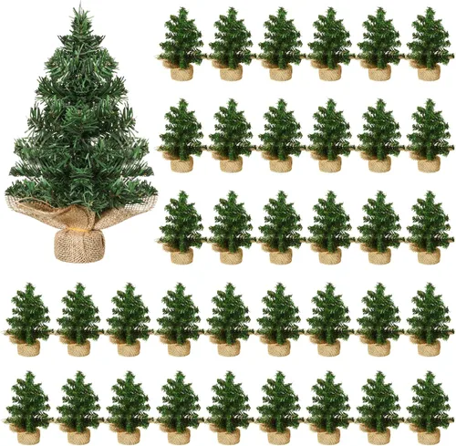 Vista 9 de Yinder 2 piezas de mini árbol de Navidad de mesa de 7.87 pulgadas, árbol de Navidad artificial en miniatura de pino con base de lino