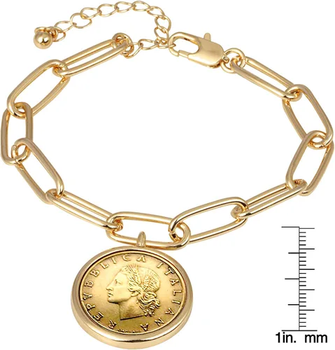 Vista 4 de Pulsera italiana de eslabones alargados con moneda de 20 liras, estilo clip dorado, extensor de 7 pulgadas y 3 pulgadas con cierre de langosta