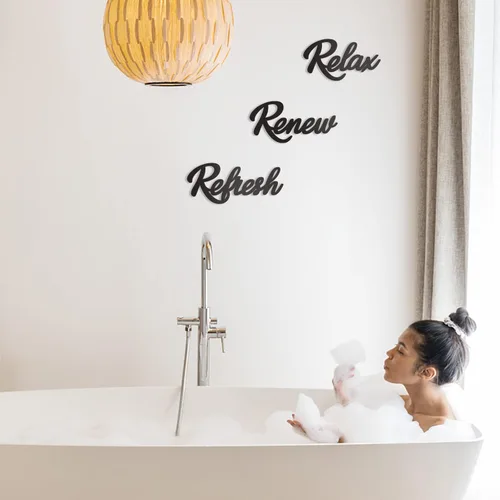 Vista 2 de 3 piezas de decoración de baño, letrero de baño de madera, letrero de "Relax, Renew, Refresh" (negro)