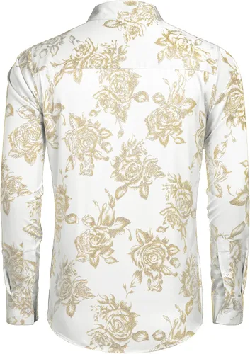 Vista 4 de COOFANDY Camisas de vestir de lujo para hombre con estampado de flores, camisa brillante con botones