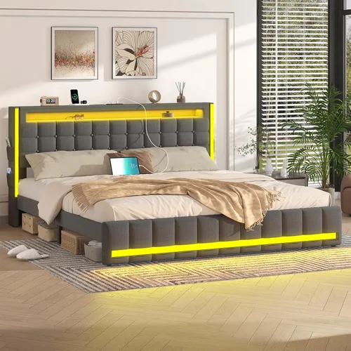 Vista 9 de CSZZD Base de cama Queen con cabecero ajustable y luces LED, base de cama de plataforma tapizada tamaño Queen con estación de carga tipo C y USB