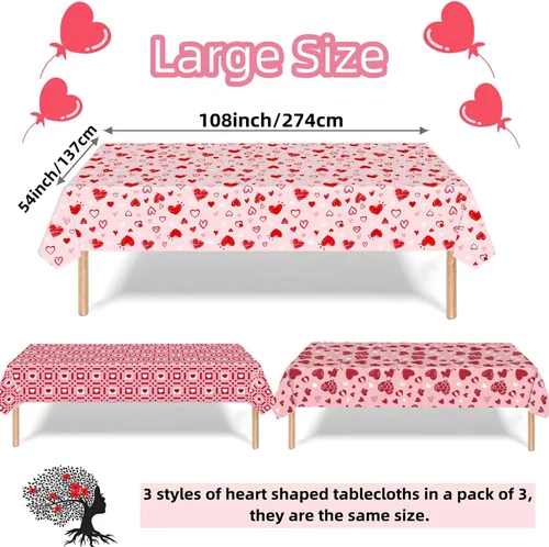 Vista 2 de Paquete de 3 manteles para el día de San Valentín, manteles desechables de plástico con corazón de amor rosa y rojo, 54 x 108 pulgadas, manteles