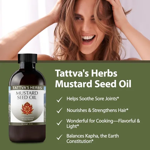 Vista 3 de Aceite de semillas de mostaza Tattva's Herbs para el cabello, cocina, piel y masaje, prensado en frío sin refinar, calma las articulaciones