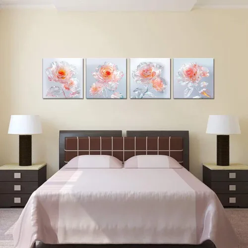 Vista 40 de Wall HDQ Arte de pared de flores para baño, dormitorio, sala de estar, decoración de pared azul y naranja, pintura floral, lienzo impreso, imagen
