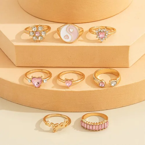 Vista 4 de Roe Dolph 8Pcs Pink Rings for Women Stackable Rings Set Boho Knuckle Rings Gold Stacking Rings Set Heart Yin-Yang Crystal Rings