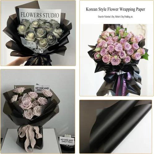 Vista 6 de Gloreyan 20 hojas de papel de regalo de flores negras, ramo de floristería para manualidades, ramo de flores frescas, envoltura impermeable, caja
