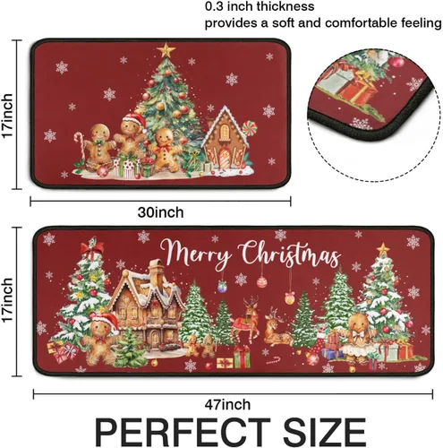 Vista 3 de Juego de 2 alfombras de cocina de Navidad, muñeco de nieve, árbol de Navidad, antideslizantes, lavables, decoración de cocina de invierno y Navidad