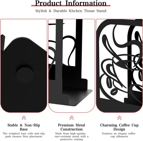 Vista 5 de Servilletero de pie moderno para mesa, dispensador de servilletas de metal negro, servilletero, estilo temático de café, adecuado para cocina