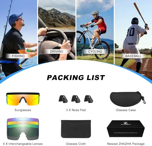 Vista 7 de ZHA ZHA Oversize Cycling Glasses Kit, Extra Large UV400 Polarized Sports Sunglasses with 4 Interchangeable Lenses