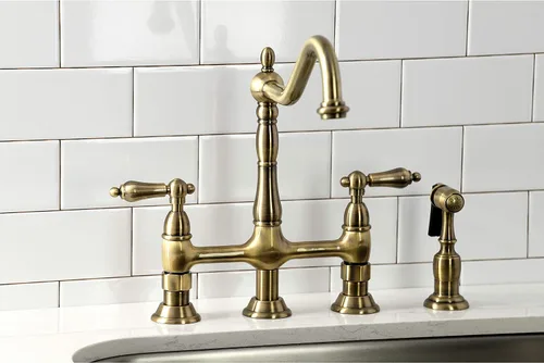 Vista 3 de Kingston Brass KS1273ALBS Heritage - Grifo de puente de cocina de 8 pulgadas con rociador de latón, latón antiguo