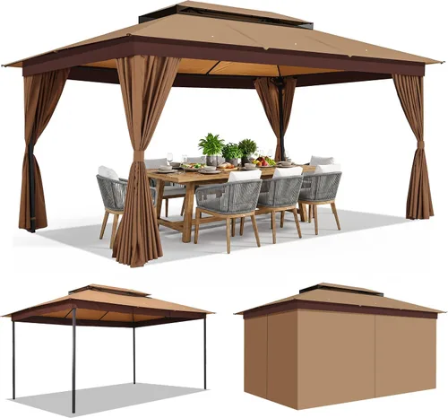 Vista 3 de COBIZI 10x15 Outdoor Patio Gazebo with Privacy Curtains, Khaki Caqui