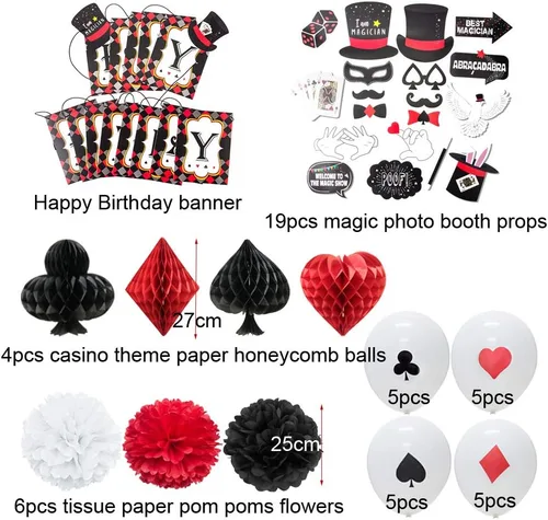 Vista 3 de Suministros para fiesta de cumpleaños de mago con temática de póquer de Las Vegas, globos de látex con temática de casino, pompones de papel