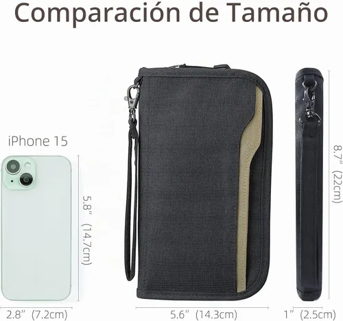 Vista 3 de Cartera de pasaporte familiar ZOPPEN RFID, porta pasaporte para mujeres/hombres, cartera de viaje con organizador de documentos y cierre, con correa
