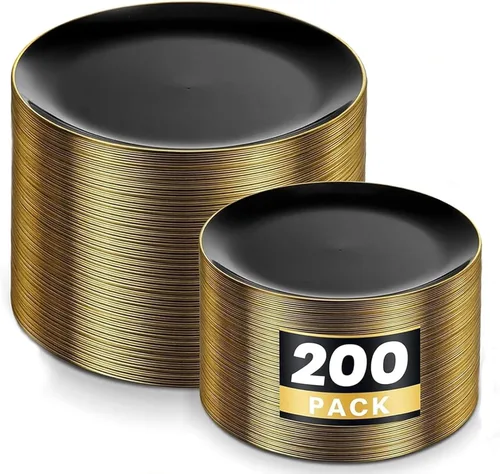 Vista 21 de KIRE 60 platos de plástico negro, platos desechables negros con borde dorado para fiesta de Halloween/graduación, incluye 30 unidades de 10.25