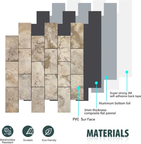 Vista 3 de Azulejos de metro de PVC para despegar y pegar, calcomanías de suelo con textura de mármol de alta gama, azulejos de pared autoadhesivos