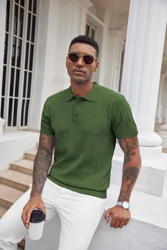 Vista 2 de COOFANDY Camisas polo de punto para hombre de manga corta con textura acanalada Camisas de golf casuales y ligeras con cuello Camiseta de polo