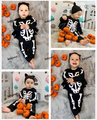Vista 5 de Disfraz de esqueleto de Halloween para bebé recién nacido, mameluco con sombrero