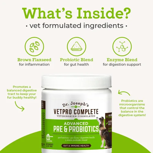 Vista 4 de Dr. Joseph's VetPro Complete Advanced Pre y probióticos en polvo para perros, decoración de comida, 90 cucharadas, apoya la salud intestinal