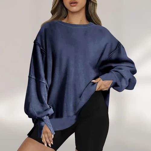 Vista 4 de Womens Oversized Casual Slit Y2K Pullover Top Crewneck Long Sleeve Corded Sweatshirts Fall Outfits 2023 Winter Clothes