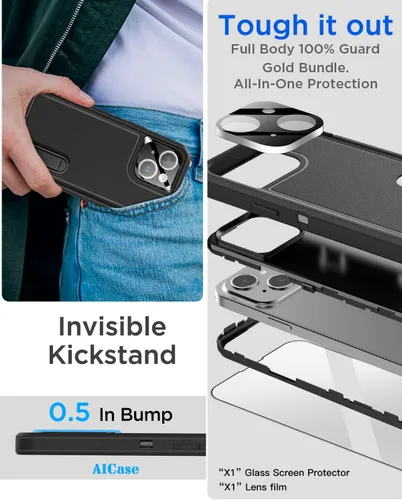 Vista 5 de AICase Funda para iPhone 14 con soporte integrado con protector de pantalla de vidrio + lente de cámara, resistente protección contra caídas, cuerpo