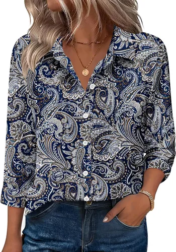 Vista 13 de Zeagoo Camisas con botones para mujer, manga 3/4, cuello en V, blusas con cuello en V, trajes casuales de negocios