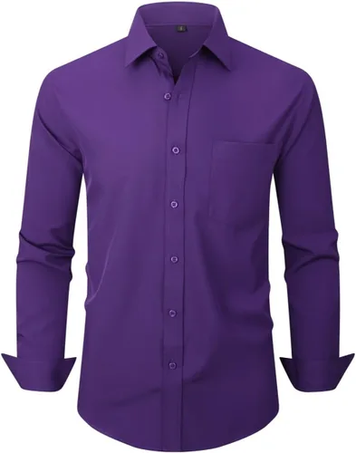 Vista 71 de corfty Camisa de vestir de manga larga para hombre, ajuste regular, elástica, sin arrugas, casual, con botones