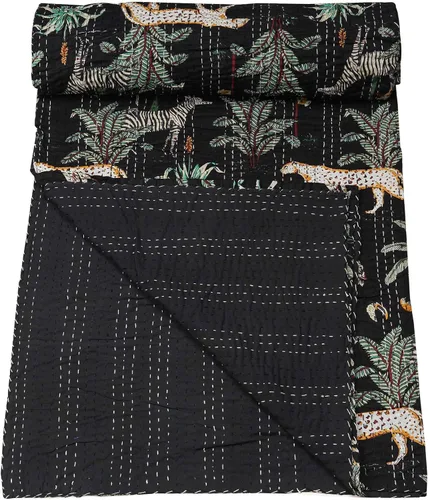 Vista 2 de Marubhumi Edredón tradicional indio de algodón puro con estampado de selva Kantha, funda de cama, colcha Kantha con estampado de animales, Negro