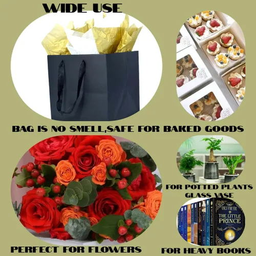 Vista 7 de JUNESHE Bolsa de regalo cuadrada negra grande con asas y papel de seda, 9.84 pulgadas, gran envoltura de regalo gigante para cumpleaños, boda