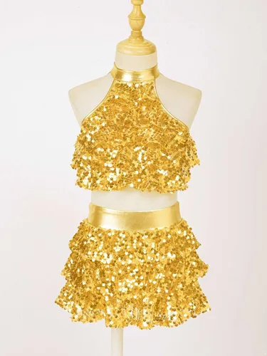 Vista 3 de Traje de baile de 2 piezas de lentejuelas brillantes para niñas y niñas, para baile de jazz latino