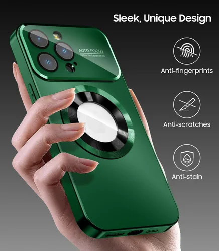 Vista 5 de MAKAVO Funda magnética para iPhone 13 Pro, compatible con MagSafe, protector de lente de cámara integrado, vista de logotipo, funda de grado militar