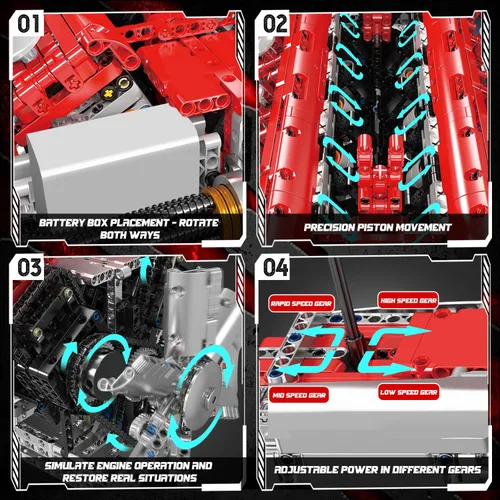Vista 4 de Mould King Kit de modelo de motor V12 que funciona – Juego de bloques de construcción de mini motores motorizados con batería y cambio de marchas