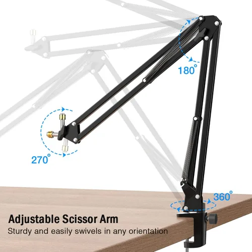 Vista 2 de Soporte de brazo para micrófono FIFINE; soporte de brazo de tijera con suspensión, con abrazadera de gran resistencia, adaptador de 3/8 a 5/8