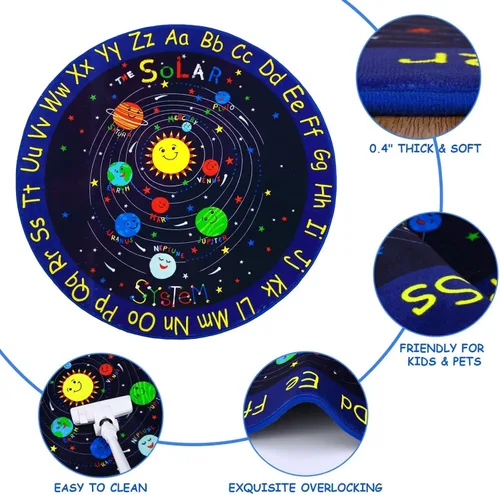 Vista 6 de GlowSol Alfombra redonda para niños de 4 4 pies ABC con diseño de estrellas del alfabeto, alfombra para guardería, espacio exterior, galaxia