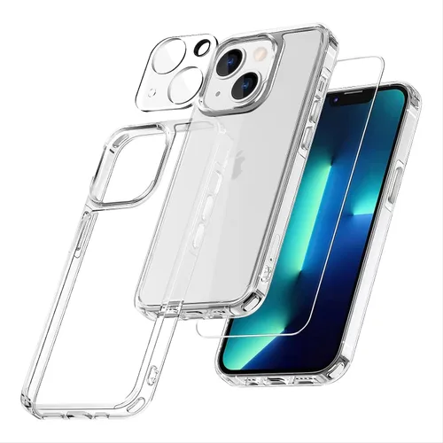 Vista 3 de Funda transparente para iPhone 13 con protector de pantalla y protector de lente Protección de grado militar 3 en 1, compatible con iPhone 13