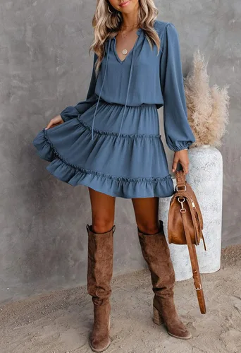 Vista 5 de LaSuiveur Vestidos casuales de otoño para mujer, cuello en V, cuello de lazo, manga larga, cintura alta, lunares, volantes, escalonado, mini vestido
