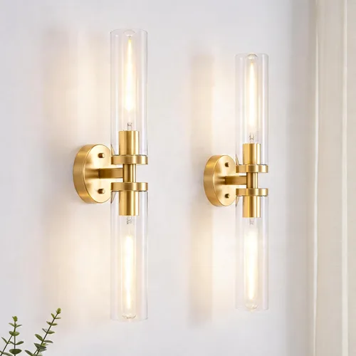 Vista 14 de Juego de 2 apliques de pared, lámparas de baño cableadas, iluminación de pared moderna para tocador de baño con pantalla de vidrio transparente