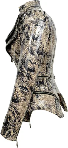 Vista 4 de chouyatou Chaqueta de motociclista de piel sintética con estampado de serpiente para mujer