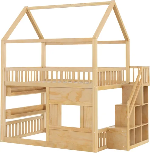 Vista 7 de Cama de casa de tamaño matrimonial con luz LED integrada y barandillas de seguridad, marco de cama de madera con escalera resistente para niños