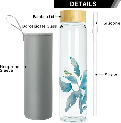Vista 4 de Botella de agua de vidrio de 32 onzas con popote, botella de vidrio de borosilicato de boca ancha con tapa de bambú y funda de neopreno