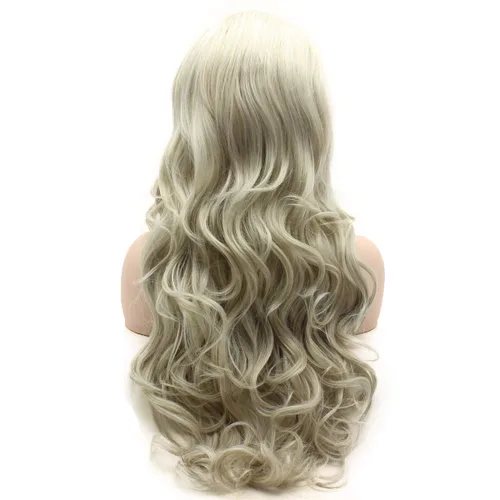 Vista 4 de Peluca de cabello ondulado largo de 26 pulgadas, dos tonos, mezcla de rubio blanco, resistente al calor, densidad pesada, realista, peluca de encaje