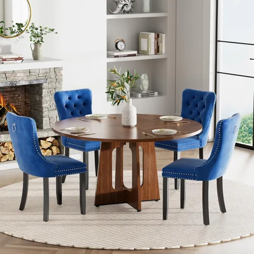 Vista 46 de Mesa de comedor redonda estilo granja para 6, mesa de cocina circular de 47" MDF con acabado de grano de madera, mesa de cocina y comedor de madera