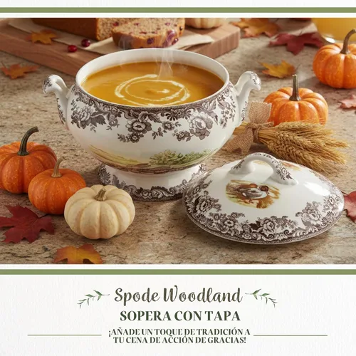 Vista 3 de Spode Sopera Woodland con motivos de conejo, codorniz y pintaleta, sopera cubierta de 4.25 cuartos de galón, hecha de loza fina, apta