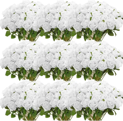 Vista 11 de Jexine 100 piezas de rosas artificiales a granel, ramo de rosas de seda falsas realistas de tallo largo para centros de mesa, jarrones, bodas, Beige