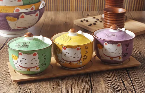 Vista 5 de Cerámica japonesa Maneki Neko Lucky Cat Azúcar Sal Pimienta Tarro de almacenamiento con tapa y cuchara