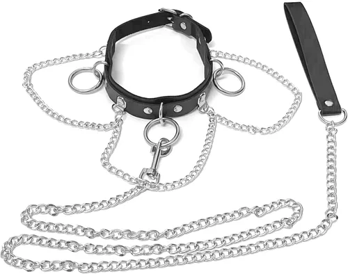 Vista 6 de Gargantilla de cuero con correa de cadena para adolescentes, punk gótico Y2K, accesorios de cosplay, tres anillos o y dijes de cadenas