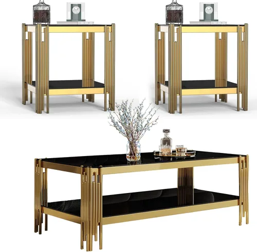 Vista 16 de Mesa auxiliar rectangular de vidrio de 48 pulgadas, mesa de centro de 2 niveles con parte superior de vidrio templado negro, patas de acero
