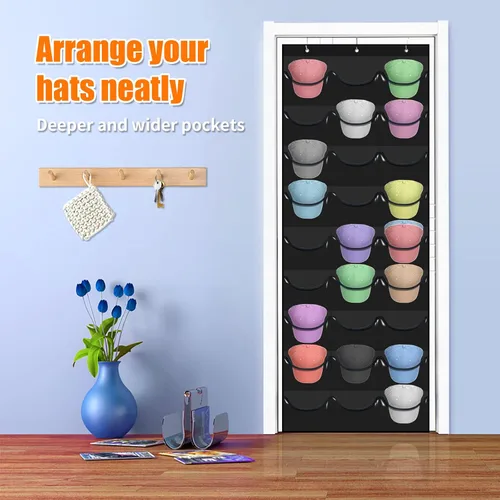 Vista 2 de Perchero para gorras de béisbol, 27 bolsillos sobre la puerta, organizador de sombreros de béisbol, almacenamiento de sombreros ajustable