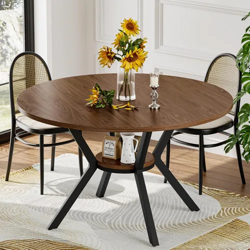 Vista 17 de MECHYIN Mesa de comedor redonda de 42 pulgadas para 2 a 4, mesa de cocina redonda de granja con estante de almacenamiento, mesa de comedor